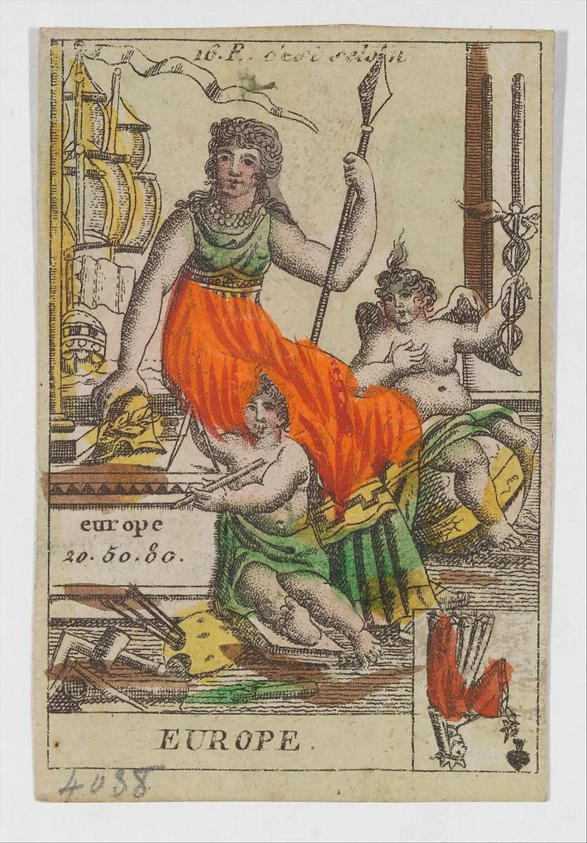 Allegory of Europe, from the playing cards (for quartets) "Costumes des Peuples Étrangers" — Anonymous, French, 18th century