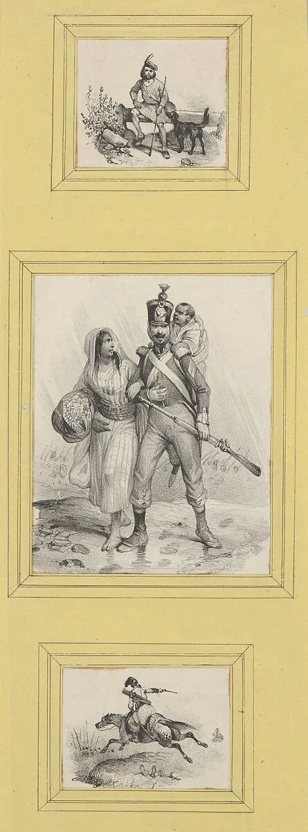 Soldiers and a Highlander (3 prints of varying size pasted onto a yellow sheet) — Victor Adam