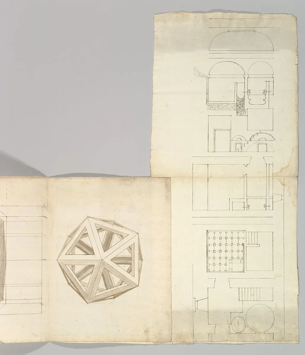 Unidentified , orthographic study, plans and section (recto) Rhomicuboctahedron, skeletal, perspective; elevation, perspective projection (verso) — Anonymous, French, 16th century