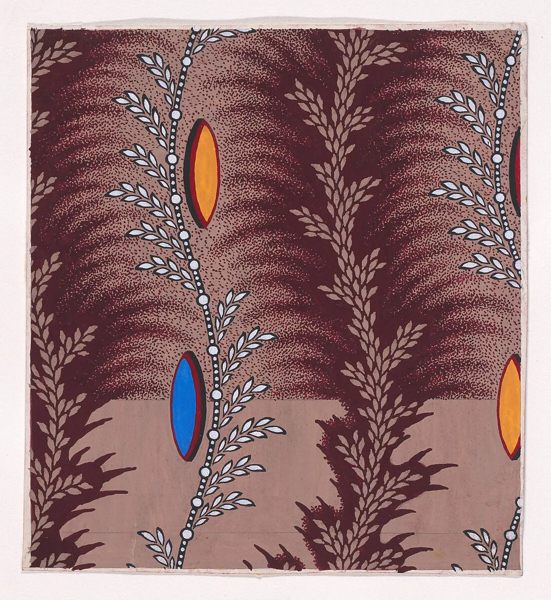 Textile Design with Alternating Vertical Rows of Undulating Stylized Wheat Ears and Undulating Strips of Pearls with Alternating Offsetting Wheat Ears and Lens Shapes — Anonymous, Alsatian, 19th century