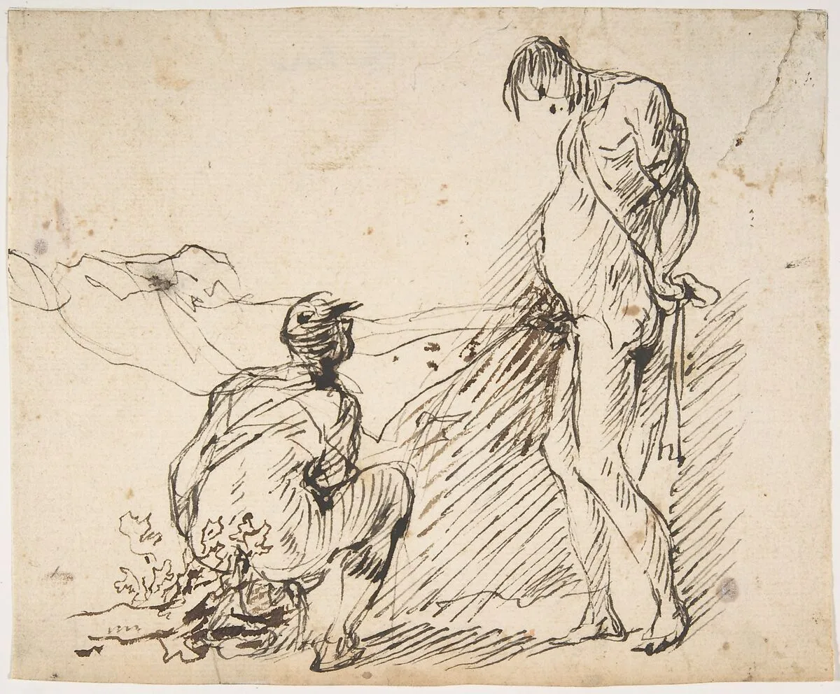 A Crouching Man Defecating and a Standing Man Urinating — Micco Spadaro (Domenico Gargiulo)