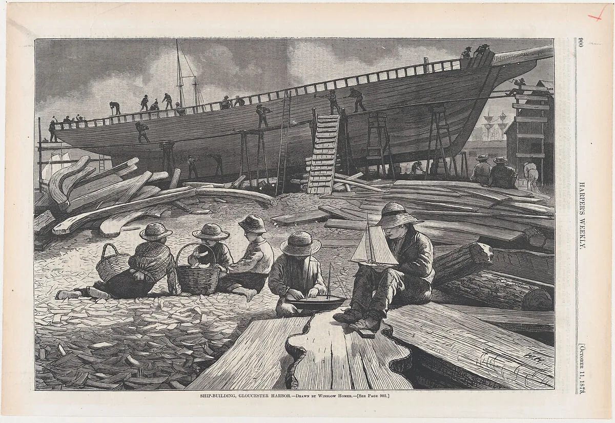 Ship-Building, Gloucester Harbor (from "Harper's Weekly," Vol. XVII) — Winslow Homer|Harper's Weekly|Harper & Brothers