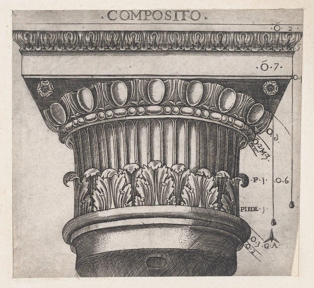 Speculum Romanae Magnificentiae: Ionic capital — Monogrammist G.A. & the Caltrop