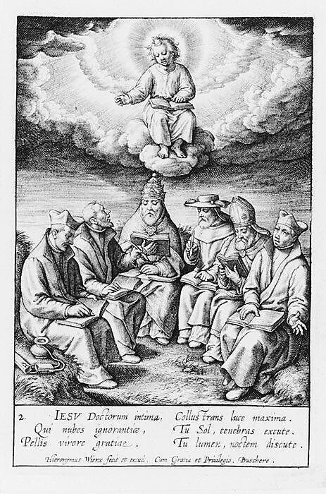 The child Jesus above a group of ecclesiastics — Hieronymus (Jerome) Wierix