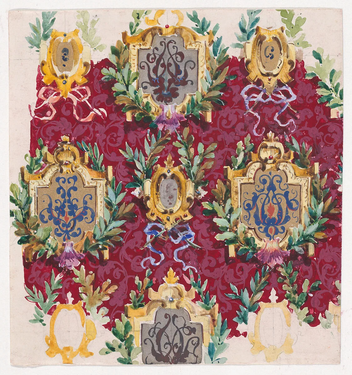 Design for Wallpaper with Alternating Vertical Rows of Pairs of Ornamental Frames of Two Sizes Framed by Interlacing Garlands of Laurel Leaves Tied by a Bow — Anonymous, French, 19th century