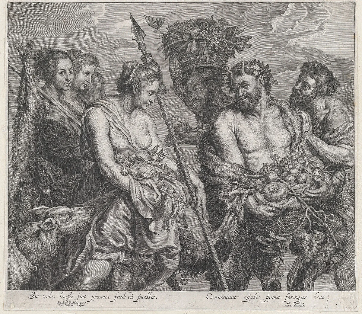 Diana returning from the chase, accompanied by dogs and her nymphs at left, two satyrs at right — Schelte Adams à Bolswert|Peter Paul Rubens|Gillis Hendricx