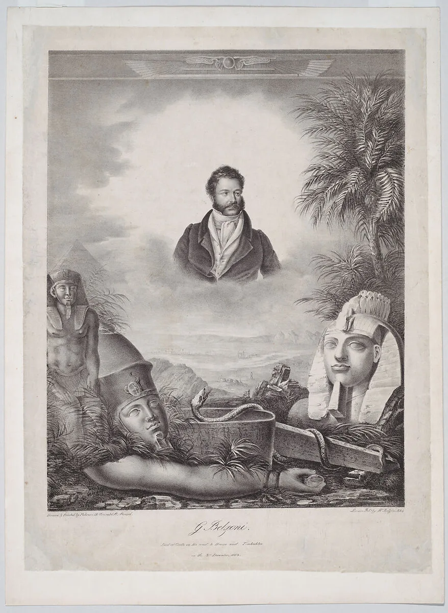 Portrait of Giovanni Baptista Belzoni, half-length, an Egyptian landscape below with pyramids and temples and statues including the head and arm of Amenhotep III — M. Fabroni|Sarah Belzoni