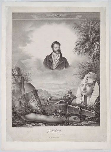 Portrait of Giovanni Baptista Belzoni, half-length, an Egyptian landscape below with pyramids and temples and statues including the head and arm of Amenhotep III