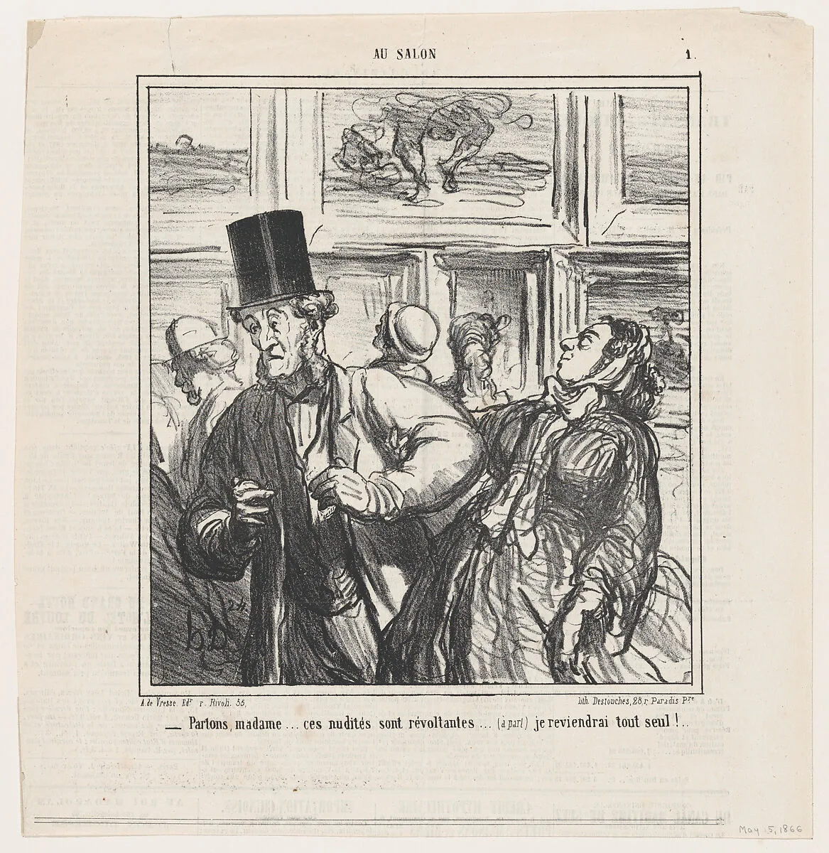 Let's leave Madame... these nudes are revolting... (aside) I'll come back later., from 'At the Salon,' published in Le Charivari, May 5, 1866 — Destouches|Honoré Daumier|Arnaud de Vresse
