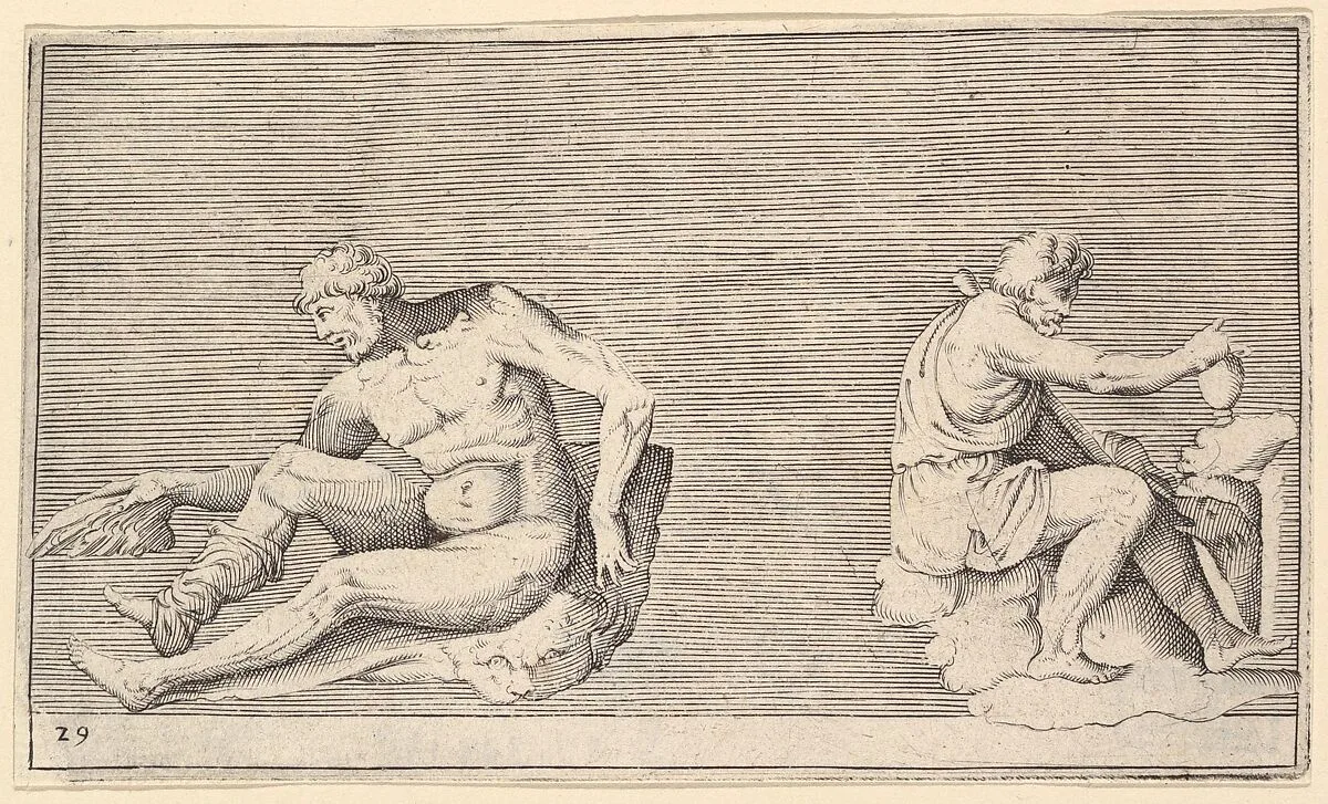 Man with Wing; Man with Vase and Dog, from "Ex Antiquis Cameorum et Gemmae Delineata/ Liber Secundus/et ab Enea Vico Parmen Incis" — Francesco Angeloni|Battista Franco|Philippe Thomassin|Enea Vico|Anonymous, Italian, 16th century