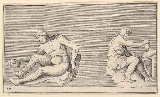 Man with Wing; Man with Vase and Dog, from "Ex Antiquis Cameorum et Gemmae Delineata/ Liber Secundus/et ab Enea Vico Parmen Incis"
