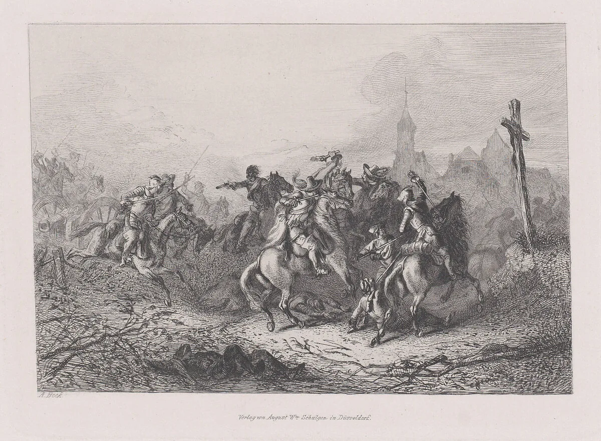 Military scene with a cross at right — August Wilhelm Schulgen|August Beck