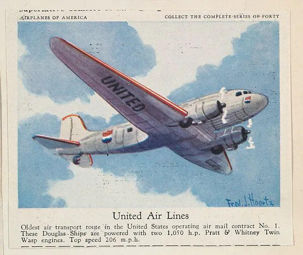 United Air Lines, collector card from the Airplanes of America series (D2), issued by the Kelley Baking Company to promote Kelley's Bread — Kelley Baking Company