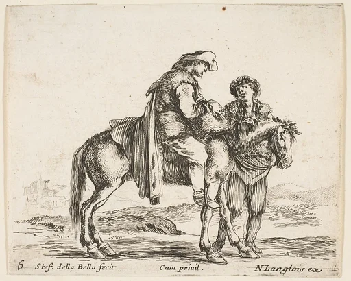 A peasant on horseback in profile facing the right, holding a basket and talking to another man standing behind the horse, plate 6 from "Diversi capricci"