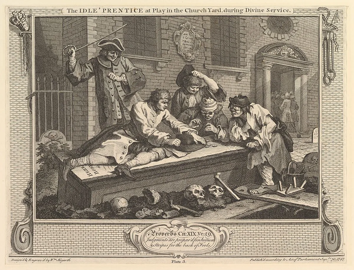 The Idle 'Prentice at Play in the Churchyard: Industry and Idleness, plate 3 — William Hogarth