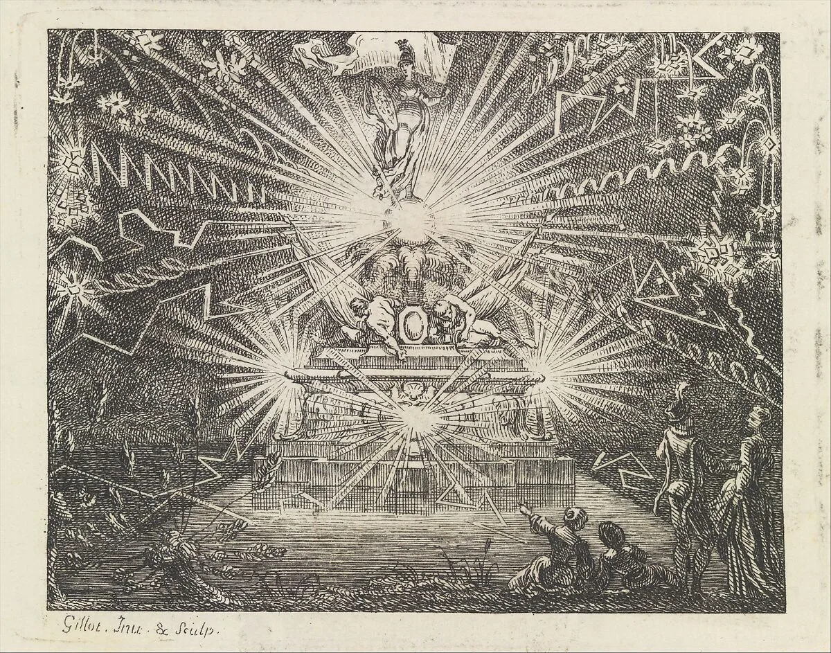 Plate for The Fish and the Fireworks, Fable Sixteen, in Fables Nouvelles, Dediées au Roy — Claude Gillot|Gregoire Dupuis|Lamotte-Houdar
