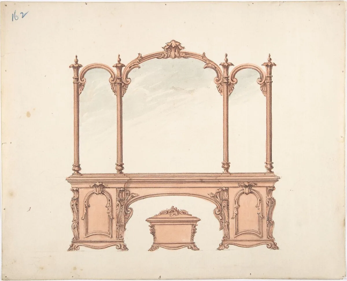 Design for a Mirrored Sideboard with Rococo Ornament, and Casket — Anonymous, British, 19th century
