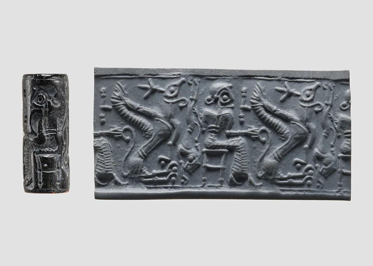 Cylinder seal and modern impression: seated figure holding the tail of a griffin — Unknown