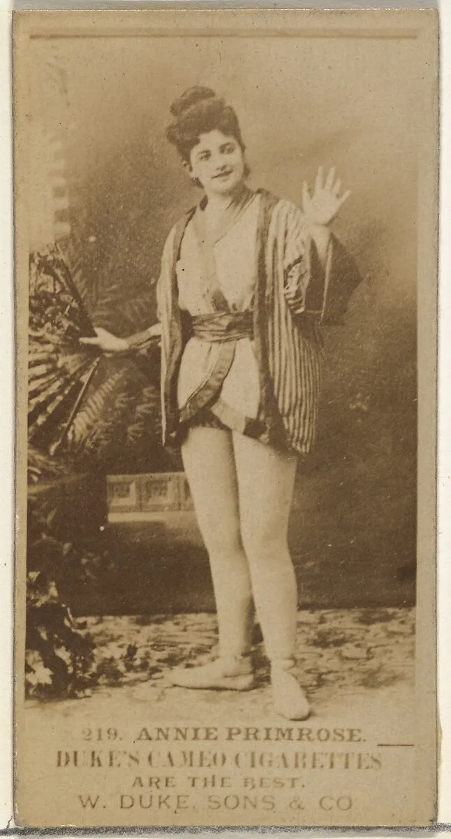 Card Number 219, Annie Primrose, from the Actors and Actresses series (N145-5) issued by Duke Sons & Co. to promote Cameo Cigarettes — W. Duke, Sons & Co.