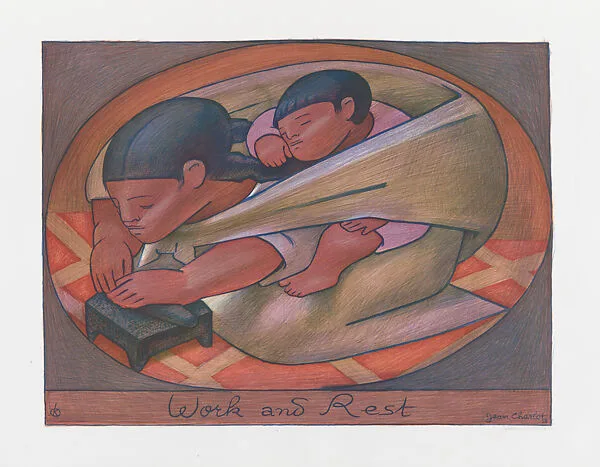 'Work and Rest' a Mexican woman carrying a child on her back while preparing tortilla — Jean Charlot|Kistler (Lynton R. and/or Will A.)