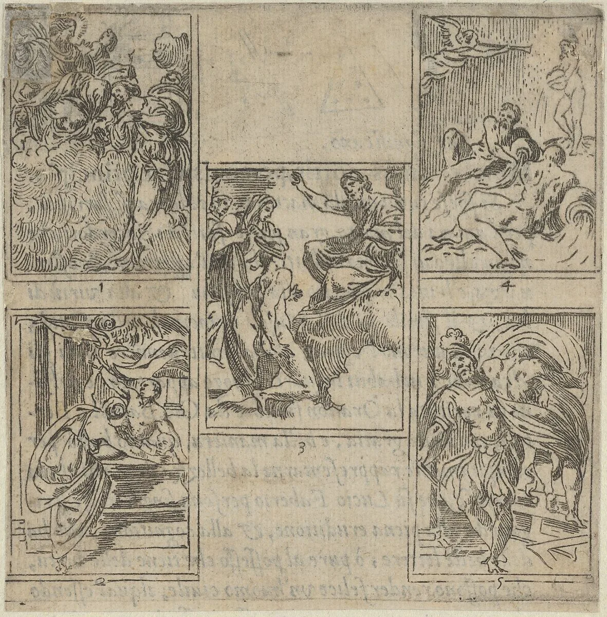 Five numbered scenes, each after a painter in the Accademia Degl'Incamminati, from IL FUNERALE D'AGOSTINO CARRACCIO FATTO IN BOLOGNA SUA PATRIA DAGL'INCAMINATI Academici del Disegno: 1. Ceres lamenting the death of Carracci before Jupiter, painted by Ippolito Ferrantini; 2. Personification of Painting entrusting Carracci's body to Fame, painted by Giovanni Battista Bertusi; 3. The Fates leading the blindfolded Carracci to the foot of Jupiter's throne, painted by Lucio Massari; 4. Three rivers representing the cities of Bologna, Rome and Parma (Reno, Tiber and Parma) with Fame at left, designed by Sebastiano Razzali and painted by Baldessare Aloisi Galanini; 5. Agostino Carracci abducted by Mars who is jealous of the artist's portrait of Adonis made for a Farnese gallery panel, painted by Giovanni Battista Busi. — Guido Reni|Giovanni Battista Bertusi|Ippolito Ferrantini|Lucio Massari|Baldassare Aloisi Galanini|Sebastiano Razzali|Giovanni Battista Busi
