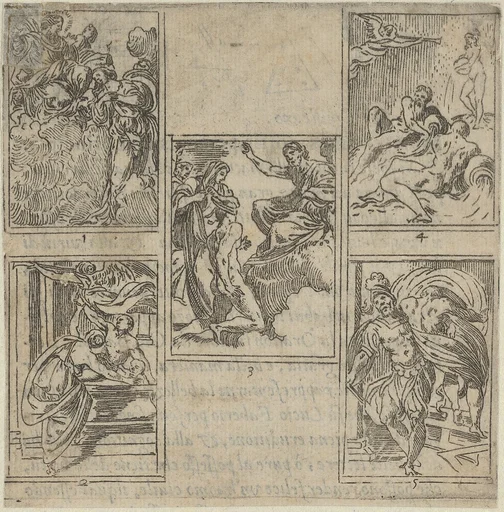 Five numbered scenes, each after a painter in the Accademia Degl'Incamminati, from IL FUNERALE D'AGOSTINO CARRACCIO FATTO IN BOLOGNA SUA PATRIA DAGL'INCAMINATI Academici del Disegno: 1. Ceres lamenting the death of Carracci before Jupiter, painted by Ippolito Ferrantini; 2. Personification of Painting entrusting Carracci's body to Fame, painted by Giovanni Battista Bertusi; 3. The Fates leading the blindfolded Carracci to the foot of Jupiter's throne, painted by Lucio Massari; 4. Three rivers representing the cities of Bologna, Rome and Parma (Reno, Tiber and Parma) with Fame at left, designed by Sebastiano Razzali and painted by Baldessare Aloisi Galanini; 5. Agostino Carracci abducted by Mars who is jealous of the artist's portrait of Adonis made for a Farnese gallery panel, painted by Giovanni Battista Busi.