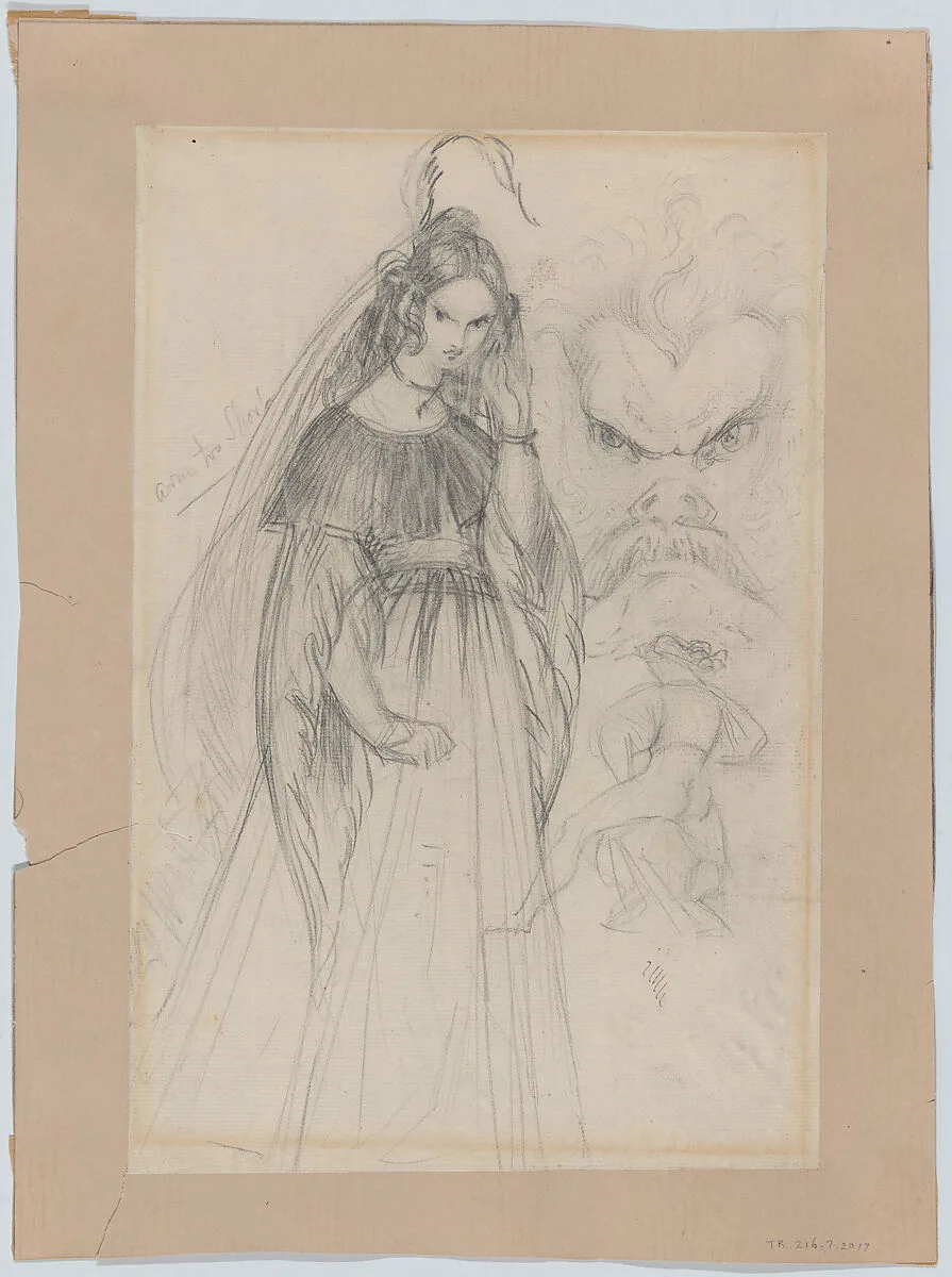 A Femme Fatale, Male Face and Man from Behind (recto); An Angel Descending Stairs (verso) — Theodor Richard Edward von Holst