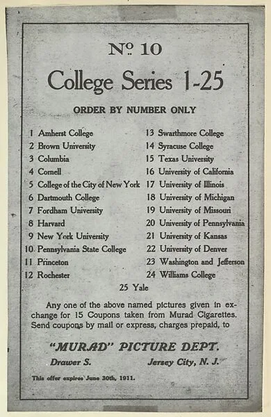 No. 10, College Series 1-25, version one of card back, part of College Series cabinet cards (T6) — Murad Cigarettes