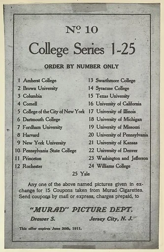 No. 10, College Series 1-25, version one of card back, part of College Series cabinet cards (T6)