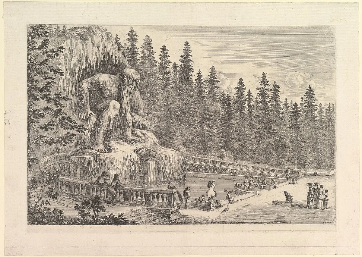 Colossal statue of the Appenino by Giambologna to left, represented as a giant crouching at the entrance of a grotto, ramps to either side, a pond below, various figures, dogs, and birds to right, from 'Views of the villa at Pratolino' (Vues de la villa de Pratolino) — Stefano della Bella