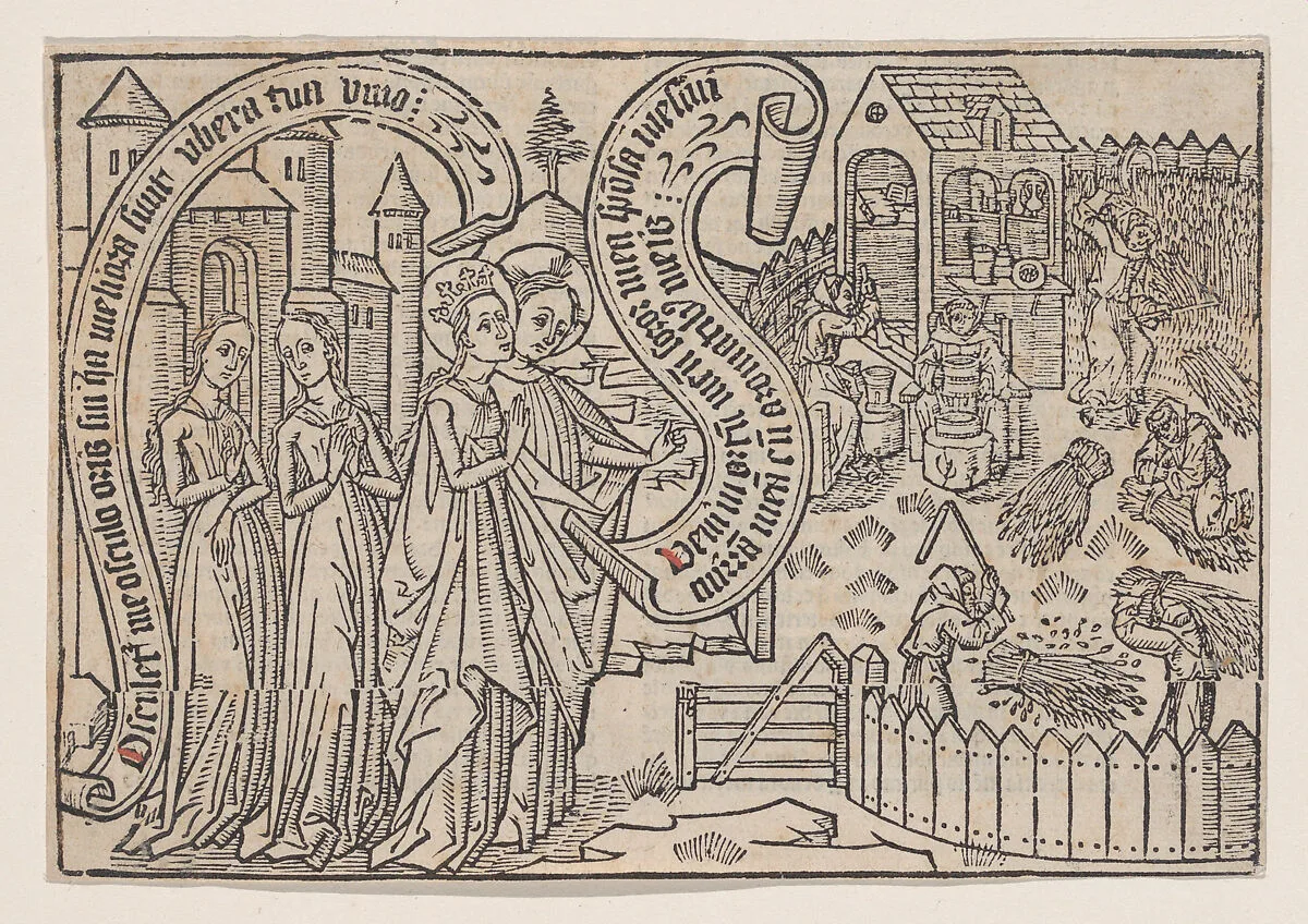 The Bridegroom Showing the Bride His Land, from a Canticum Canticorum blockbook, 1st edition — Anonymous, Netherlandish, 15th century