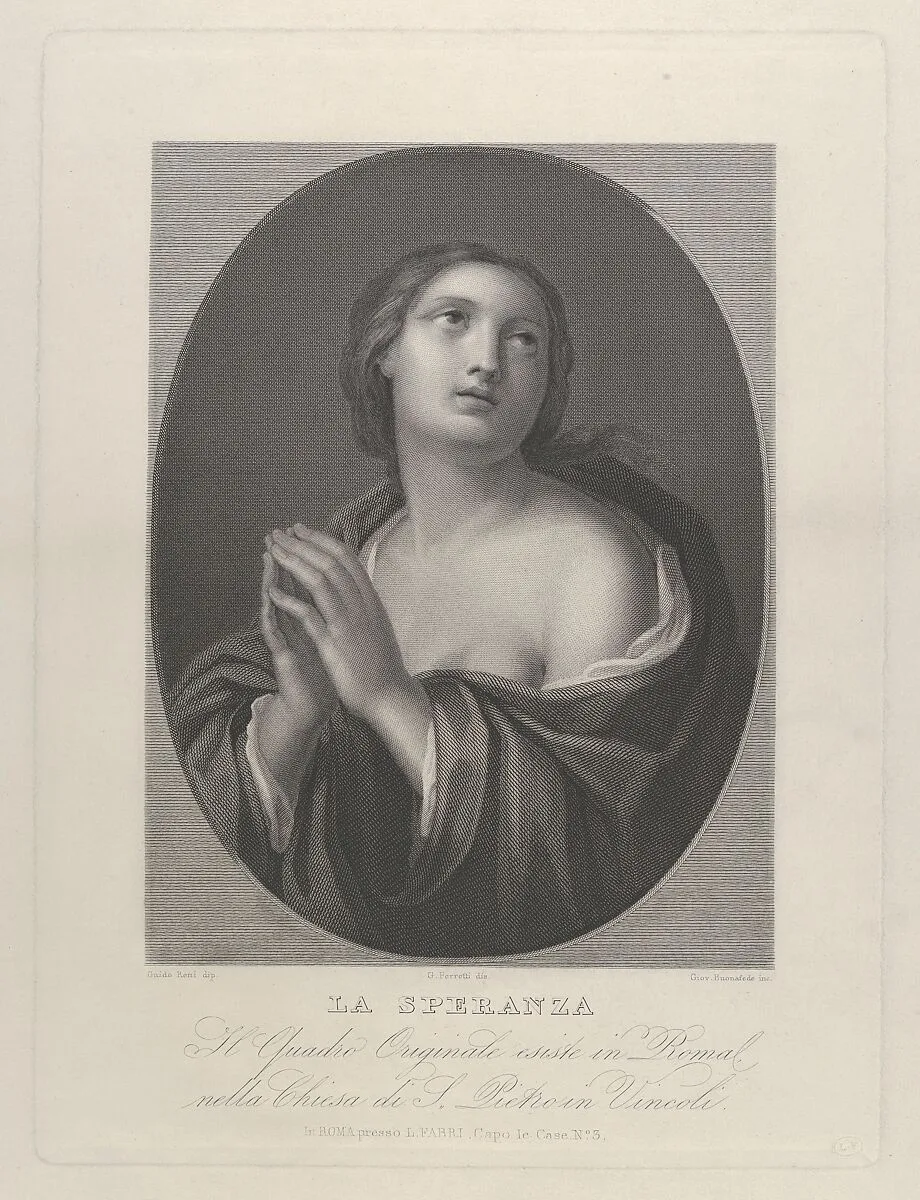 Female personification of Hope looking up with hands held together and left shoulder exposed, in an oval frame, after Reni — Guido Reni|Giovanni Buonafede|Giuseppe Ferretti