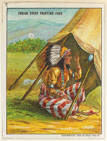 Indian Chief Painting Face, from the "Indian Life in the 60's" series (T73), issued with Hassan Cork Tip Cigarettes by the American Tobacco Company — American Tobacco Company