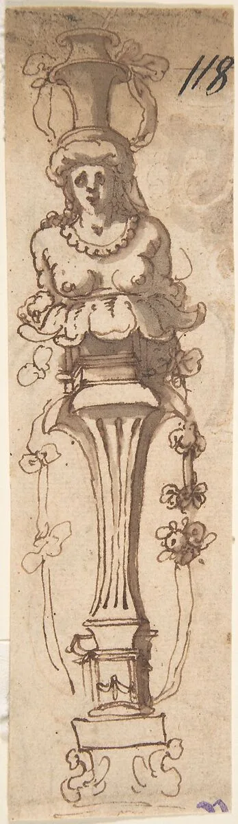 Design for A Female Term Carrying a Vase (recto); Sketch of Draped Male (verso) — Anonymous, Italian, 17th century