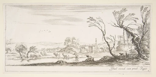 Plate 2: a peasant woman removing her shoes in center, another peasant woman and two cows in a stream to left, a bridge to right in the background, from 'Various landscapes' (Divers paysages)