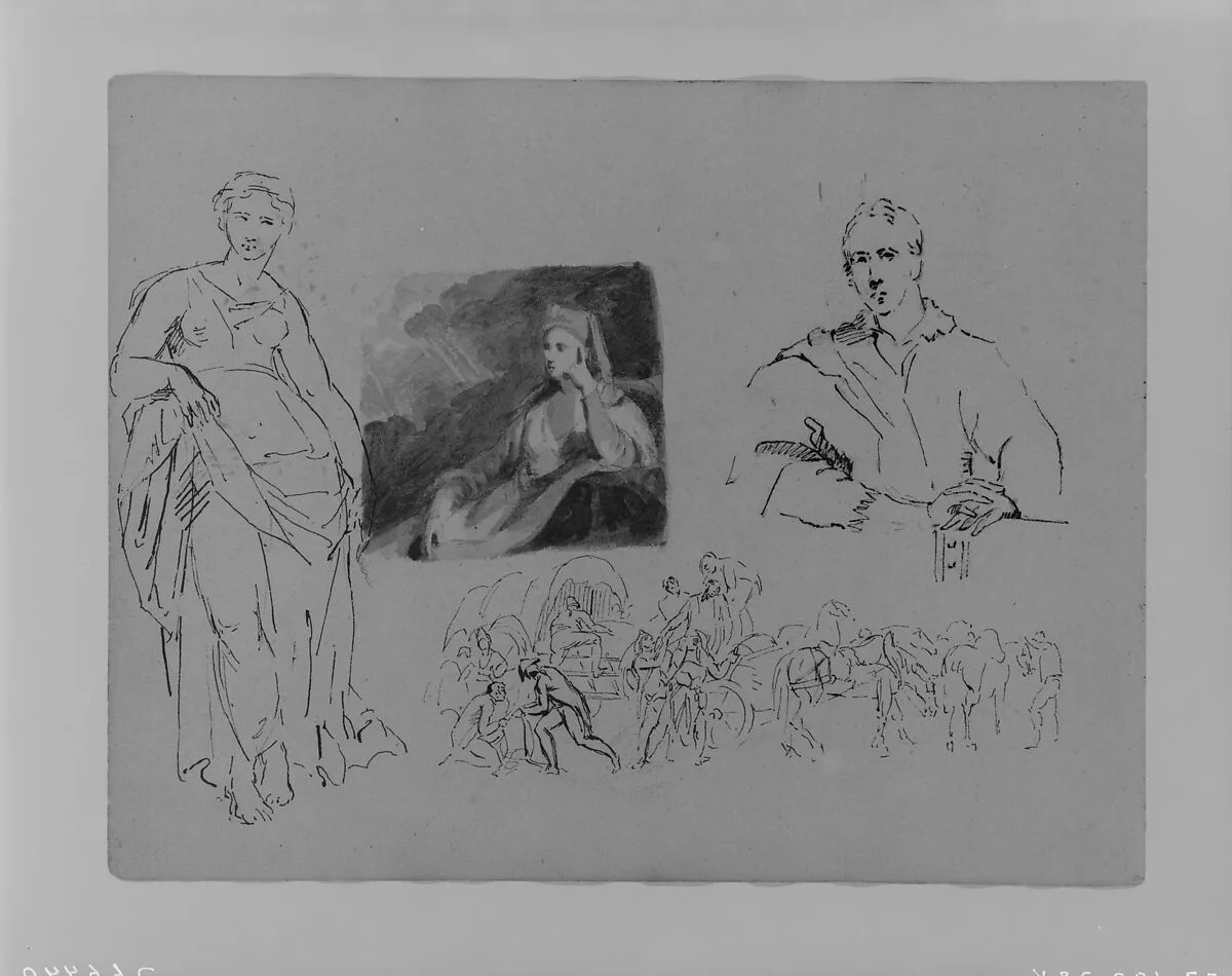 Standing Draped Female Figure; Portrait of a Cleric; Half-length Portrait of a Man; Figures with Wagons and Horses (Napoleon Scene?) (from Sketchbook) — Thomas Sully