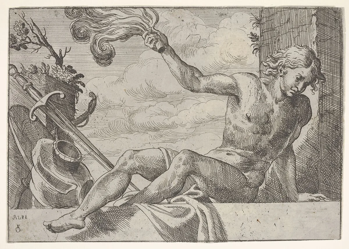Mars, seated on a wall and holding a flame in his right hand, with armor below — Odoardo Fialetti|Giovanni Antonio da Pordenone (Giovanni Antonio de Sacchis)