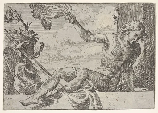 Mars, seated on a wall and holding a flame in his right hand, with armor below