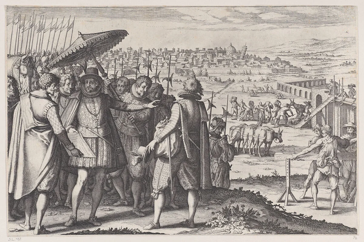 Restauration de L'Aqueduc de Pise (Restoring the Aqueduct in Pisa), from La Vie de Ferdinand Ier de Médicis série appelée aussi Les Batailles des Médicis (The Life of Ferdinand I de'Medici also called The Medici Battles) — Jacques Callot|Matteo Rosselli