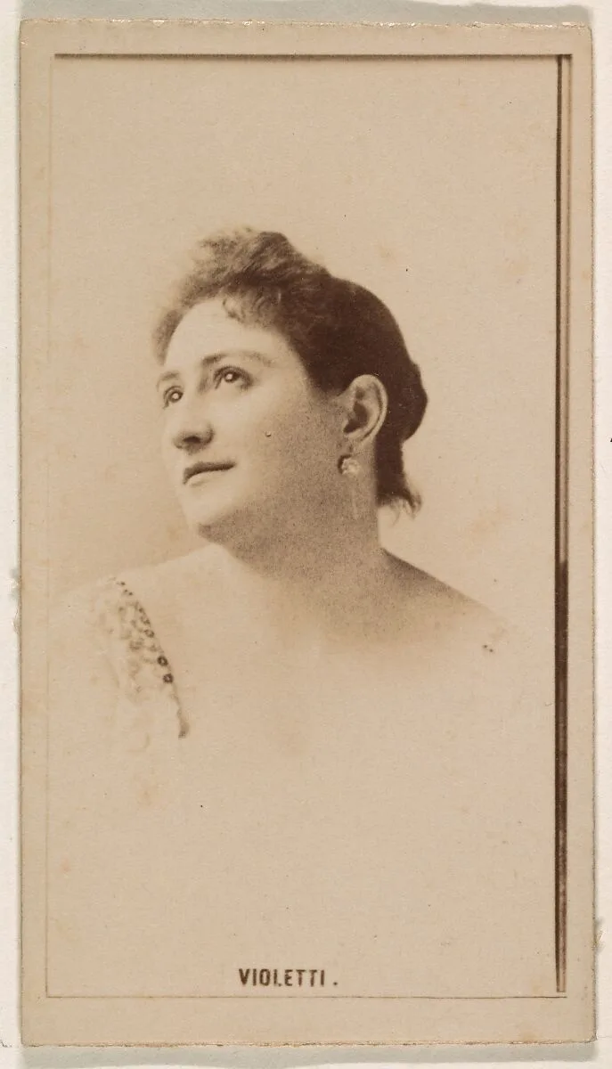 Miss Violetti, from the Actresses series (N245) issued by Kinney Brothers to promote Sweet Caporal Cigarettes — Kinney Brothers Tobacco Company
