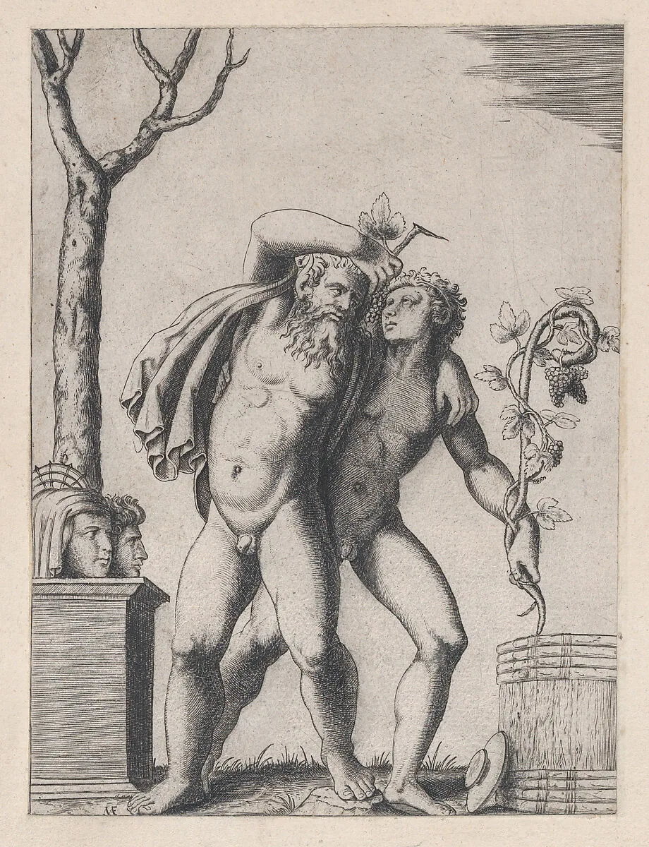 Speculum Romanae Magnificentiae: Young and Old Bacchant — Marcantonio Raimondi|Raphael (Raffaello Sanzio or Santi)|Giulio Romano