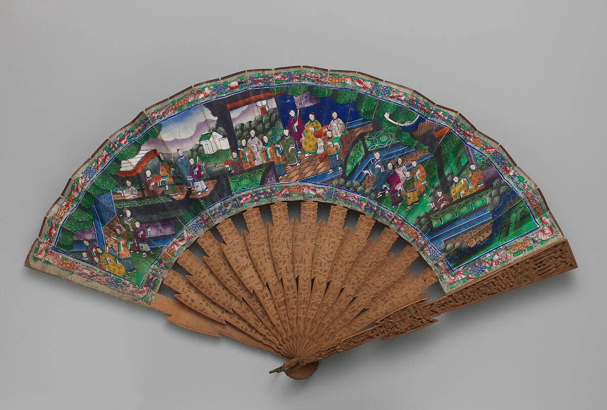 Folding Fan with Scene of Figures in a Courtyard Garden — Unknown