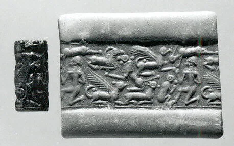 Cylinder seal and modern impression: nude male, griffins, monkey, lion, goat — Unknown