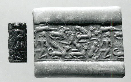Cylinder seal and modern impression: nude male, griffins, monkey, lion, goat