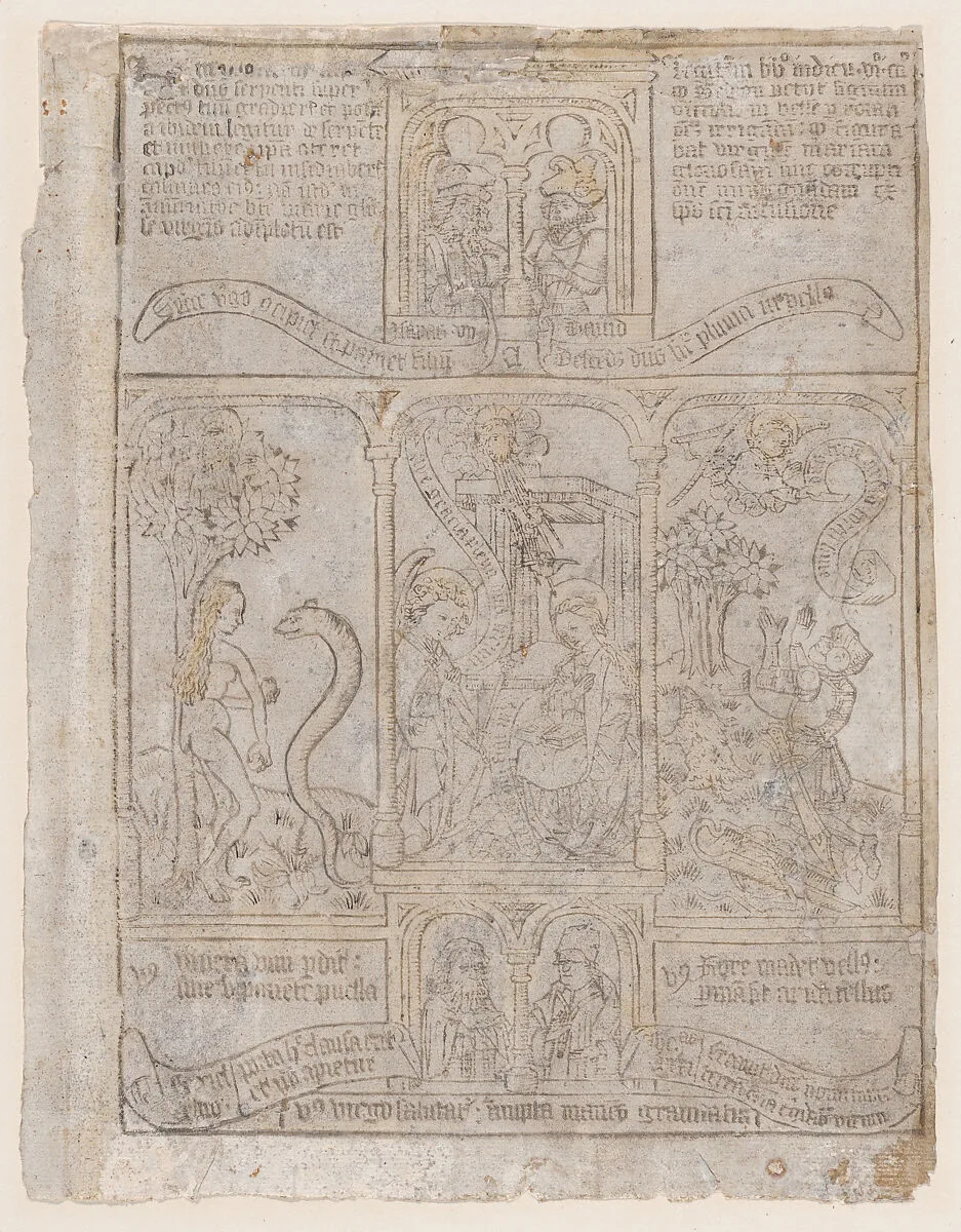 The Annunciation, flanked by Eve and the Serpent and Gideon's Fleece, from a Biblia Pauperum blockbook, 3rd edition — Anonymous, Netherlandish, 15th century