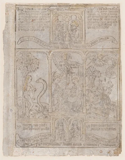 The Annunciation, flanked by Eve and the Serpent and Gideon's Fleece, from a Biblia Pauperum blockbook, 3rd edition