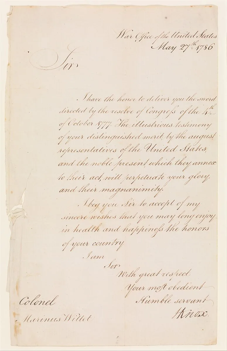 Letter from Henry Knox (1750–1806), Secretary of War, to Colonel Marinus Willett (1740–1830) — General Henry Knox