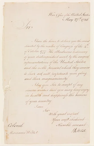 Letter from Henry Knox (1750–1806), Secretary of War, to Colonel Marinus Willett (1740–1830)