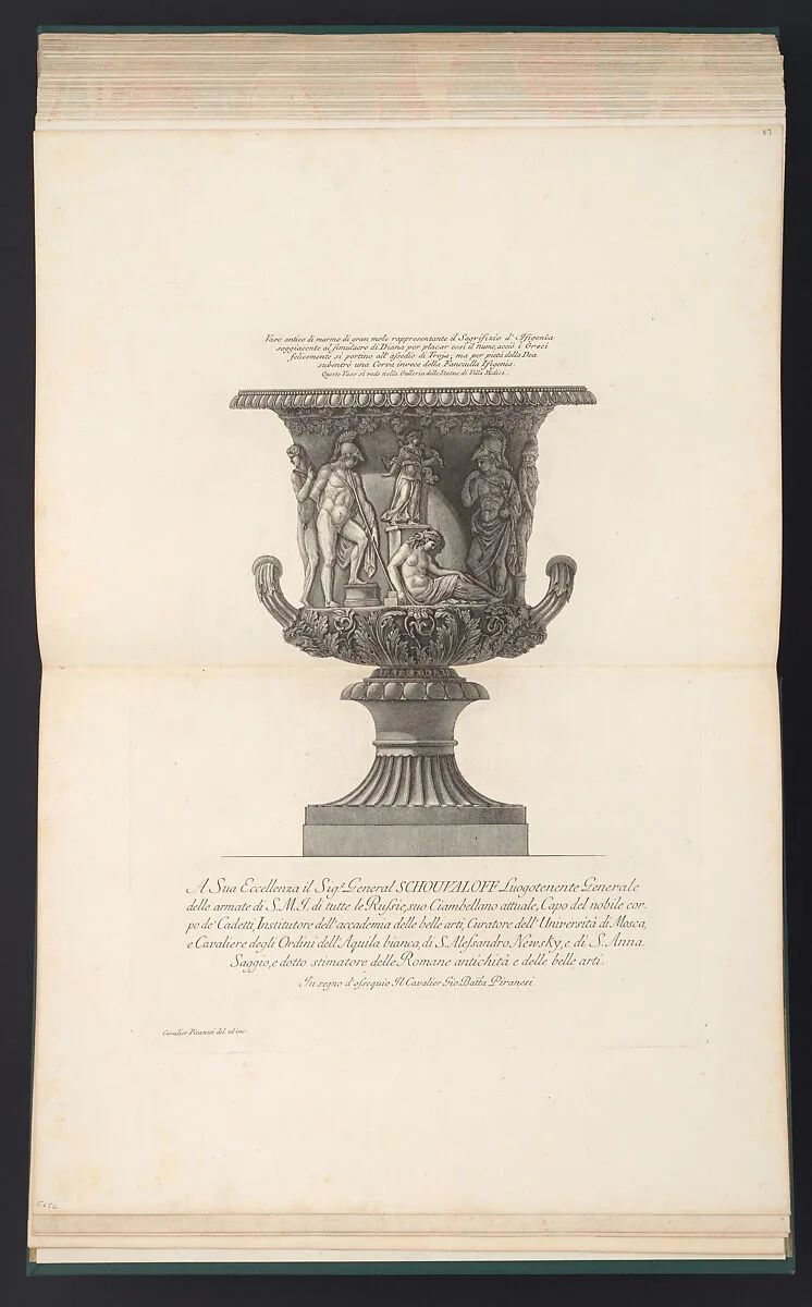 Large marble vase decorated with a relief of the sacrifice of Iphigenia, from "Vasi, candelabri, cippi, sarcofagi, tripodi, lucerne, ed ornamenti antichi disegnati ed incisi dal Cav. Gio. Batt. Piranesi, Vol. II" (Vases, candelabra, grave stones, sarcophagi, tripods, lamps, and ornaments designed and etched by Cavalieri Giovanni Battista Piranesi) — Giovanni Battista Piranesi