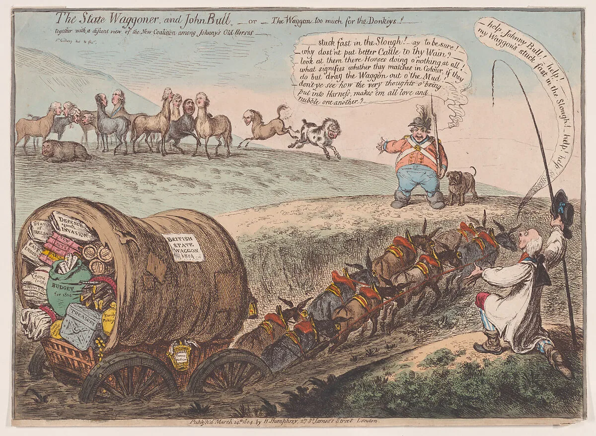 The State Waggoner and John Bull.–or–the Waggon too Much for the Donkeys! — James Gillray|Hannah Humphrey